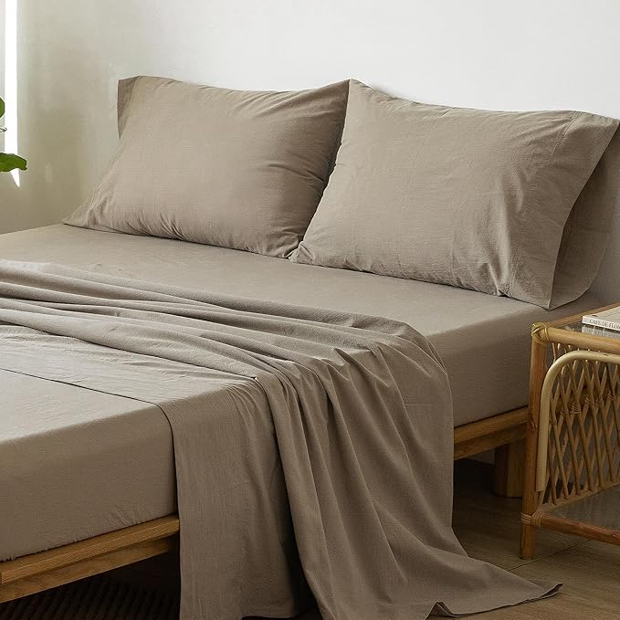 MooMee Bedding Sheet Set 100% Washed Cotton Linen Like Textured Breathable Durable Soft Comfy (Solid Mocha Brown, Twin XL)
