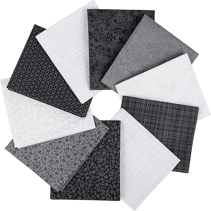 Craftido -25 Options- 100% Cotton Quilting Fabric Bundles 10pcs Fat Quarters 18”x21”-Medium Weight 5.2 oz- Soft Cotton for Quilting, Sewing Project, Patchwork, DIY Crafts – Monochrome