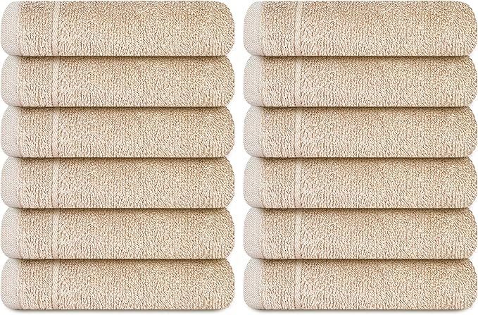 Tens Towels Pack of 12 Washcloths, 12 x 12 Inches, Lighter Weight, Quick to Dry, Super Soft & Absorbent, Gentle Face Towels, Hotel Quality, Perfect for Bathroom, Gym, Spa (Beige, 12 Pack)