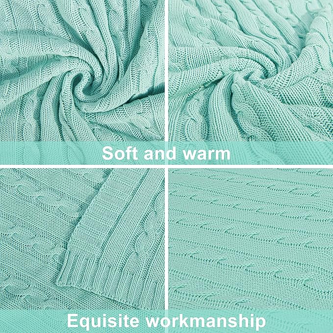 NTBAY 100% Pure Cotton Oversize (60x80) Cable Knit Throw Blanket, Super Soft Warm Knitted Throw Blanket for Bed, Sofa, Chair, Couch - Extra Cozy, Machine Washable, Comfortable Home Decor, Mint
