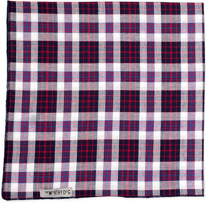 THE WORTHY DOG Classic Tie-On Dog Bandana – Soft Cotton Flannel Square Pet Bandana, Madras Plaid Classic Pattern, Navy/Red/White, Large
