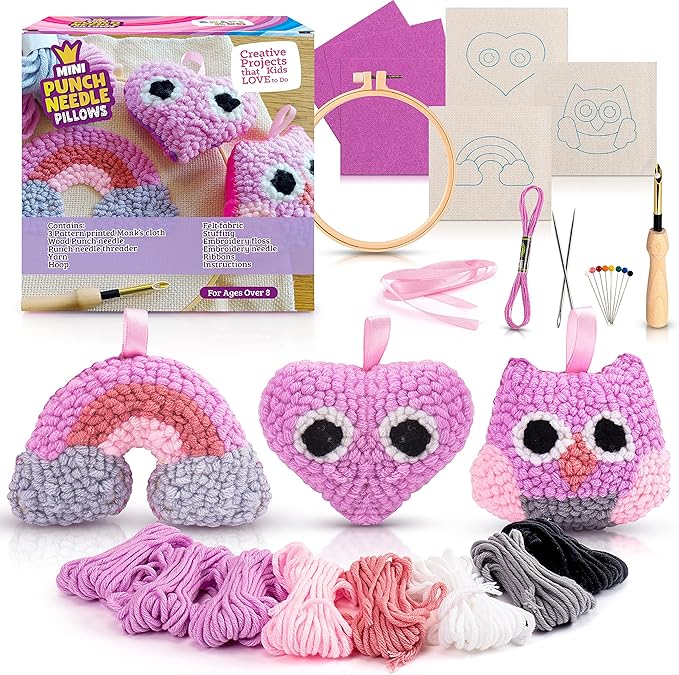 CRAFTILOO 3Pcs of Embroidery Punch Needle kit for Kids Mini Pillows Googly Heart Owl Rainbow Needlepoint Craft Embroidery Pen Needle Punch Kit Art Punch Needle Yarn
