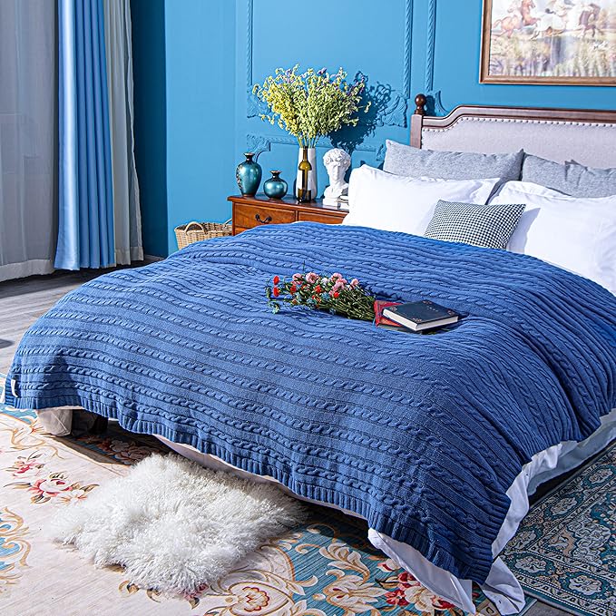 NTBAY 100% Pure Cotton Cable Knit Throw Blanket, Super Soft Warm 51x67 Knitted Throw Blanket for Couch, Sofa, Chair, Bed - Extra Cozy, Machine Washable, Comfortable Home Decor, Cobalt Blue