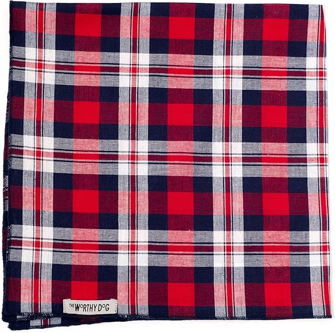 THE WORTHY DOG Classic Tie-On Dog Bandana – Soft Cotton Flannel Square Pet Bandana, Madras Plaid Classic Pattern, Red/Navy, Large