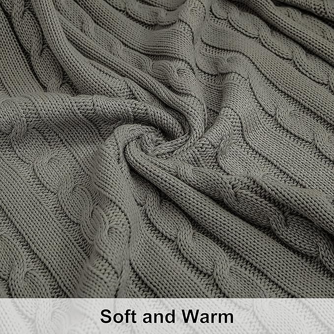 NTBAY 100% Pure Cotton Cable Knit Throw Blanket, Super Soft Warm 51x67 Knitted Throw Blanket for Couch, Sofa, Chair, Bed - Extra Cozy, Machine Washable, Comfortable Home Decor, Grey