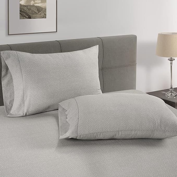 LANE LINEN Fitted Sheet Full Size, 100% Organic Cotton, 3-Piece Set (1 Fitted Sheet, 2 Pillowcases) Percale Weave, Breathable, Fits Mattress Upto 15" Deep - Grey(White Dot)(No Flat Sheet)