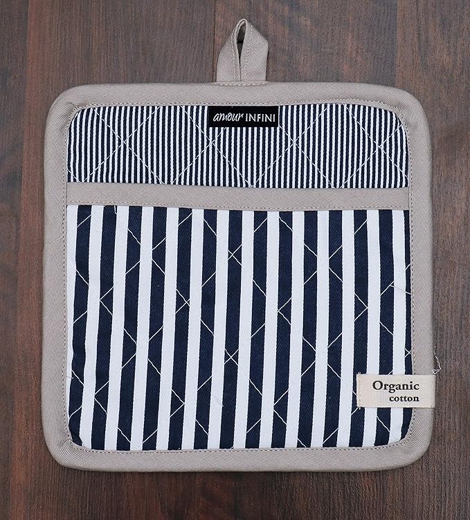 AMOUR INFINI Pot Holders Heat Resistant Cotton Set of 3 Nonslip 8"x8" Inch Hot Pads for Kitchen, BBQ, Baking & Cooking with Hanging Loops (Stripe Blue)