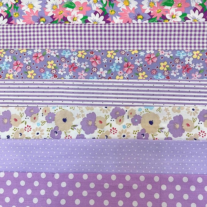 7Pcs 9.8" x 9.8"(25 * 25CM) Cotton Fabric DIY Making Supplies Quilting Patchwork Fabric Fat Quarter Bundles DIY for Quilting Cotton Patchwork Cushions (7pcs Purple Flowers, 9.8" x 9.8")