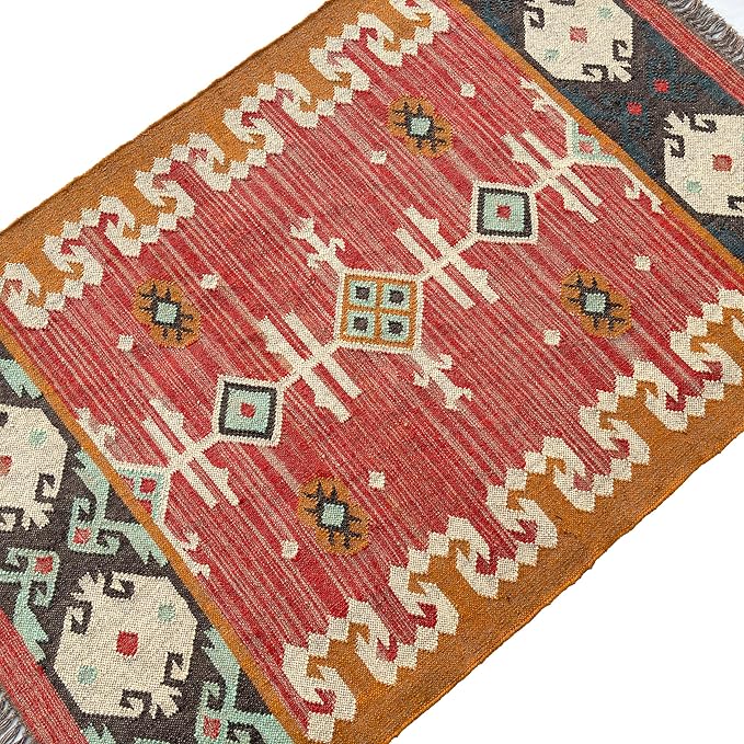 Jute Traditional Kilim Rug Boho Flatweave Area Rug for Living Room, Living Room Entryway, Tribal Series, 3'x5'