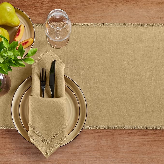 Solino Home Fringe Linen Cloth Napkins Set of 4-100% Pure Linen Kelp Dinner Napkins 20 x 20 Inch for Spring - Handcrafted and Machine Washable