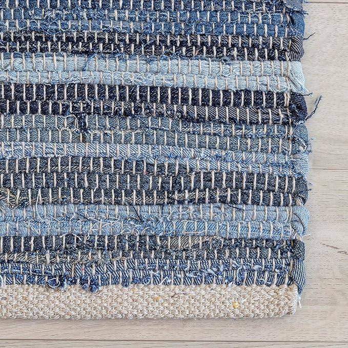 HOMEMONDE Denim Rag Runner Rug 2' x 8' Recycled Soft Cotton Chindi Rugs Hand Crafted Reversible Boho Home Decor for Kitchen, Entyrway, Bedroom, Living Room - Blue