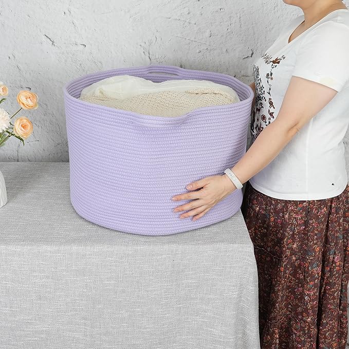 XUANGUO Large Cotton Rope Basket Blankets Basket Living Room 22"x14" Toy Basket for Kids Rope Storage Basket for Nursery Woven Laundry Basket for Clothes Baby Toy Storage round purple or Lavendor