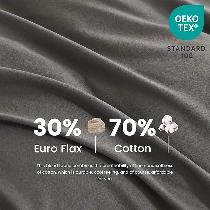 Simple&Opulence Belgian Linen Sheet Set Solid Color - 6 Pieces (1 Flat Sheet & 1 Fitted Sheet & 4 Pillowcases) 16" Deep Pocket Natural Flax Cotton Blended Soft Bedding - Dark Grey, Queen Size