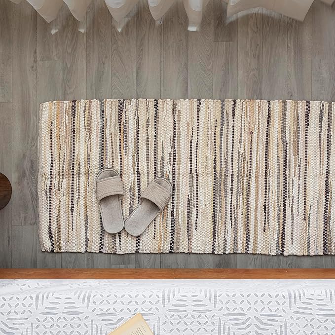HOMEMONDE Beige Rag Rug 2'x6' Runner Recycled Soft Cotton Chindi Rugs Hand Crafted Reversible Boho Home Decor for Kitchen, Entyrway, Bedroom, Living Room