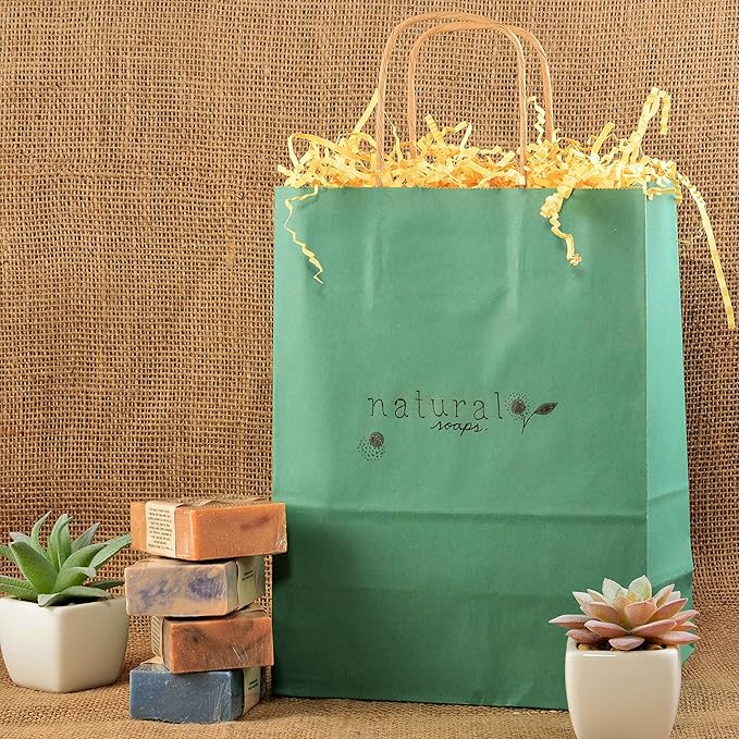 Prime Line Packaging Kraft Paper Bags, Green Gift Bags Small with Handles for Small Business, Birthdays, Wedding Favors, Holidays, Shopping, Bulk, 8x4x10, 100 Pack