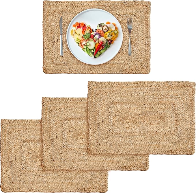 Hausattire Jute Braided Placemats 13x19 Inches Set of 4 Reversible Handwoven Boho Vintage Placemats for Kitchen Dining Tables|BBQ's Thanksgiving Decor Weddings Indoor & Outdoor Parties|Natural