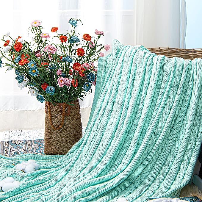 NTBAY 100% Pure Cotton Oversize (60x80) Cable Knit Throw Blanket, Super Soft Warm Knitted Throw Blanket for Bed, Sofa, Chair, Couch - Extra Cozy, Machine Washable, Comfortable Home Decor, Mint