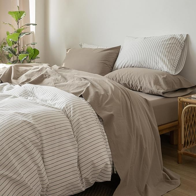 MooMee Bedding Sheet Set 100% Washed Cotton Linen Like Textured Breathable Durable Soft Comfy (Solid Mocha Brown, Twin)