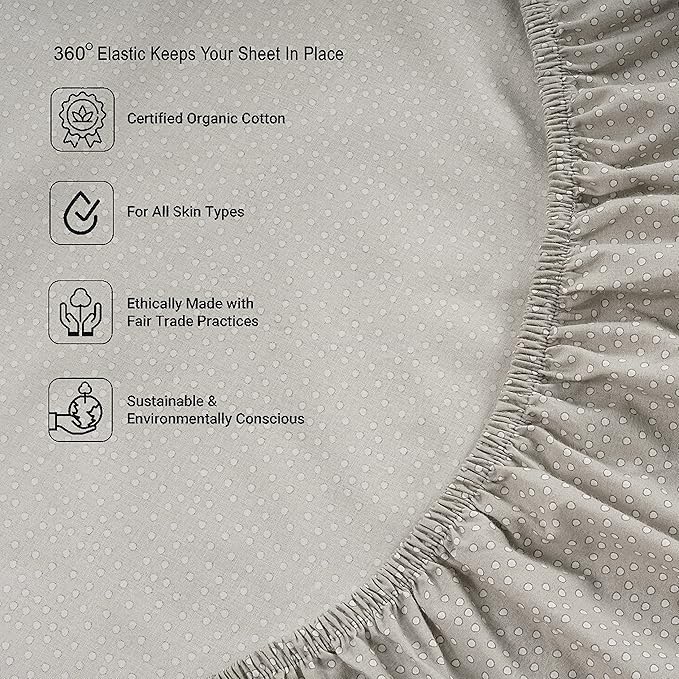 LANE LINEN Fitted Sheet Full Size, 100% Organic Cotton, 3-Piece Set (1 Fitted Sheet, 2 Pillowcases) Percale Weave, Breathable, Fits Mattress Upto 15" Deep - Grey(White Dot)(No Flat Sheet)