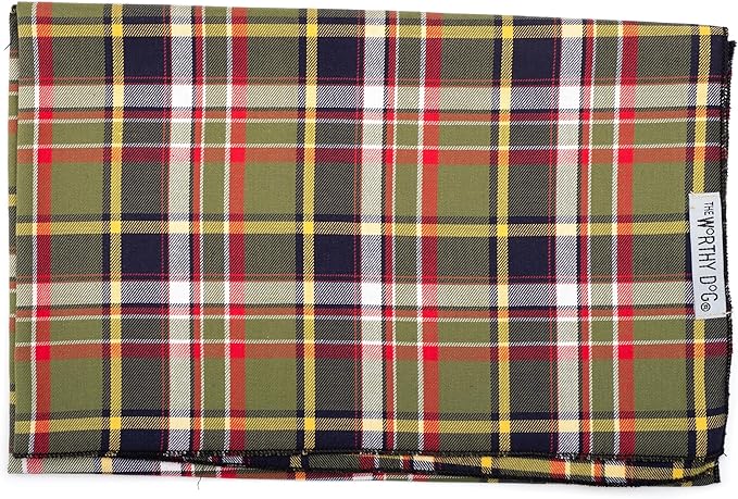 THE WORTHY DOG Classic Tie-On Dog Bandana – Soft Cotton Flannel Square Pet Bandana, Plaid II Classic Pattern, Olive, Small