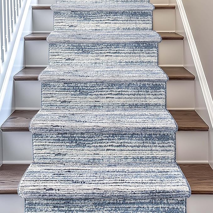 Well Woven Custom Size Hallway & Stair Runner- Harlow Delphi Blue 31 Inches Wide x 5 Feet Long Runner (31" x 5') Runner Rug - Modern Stripes Pattern, Ultra-Soft, Easy-Clean