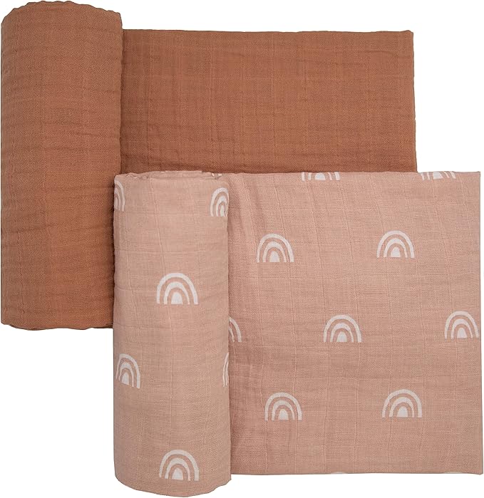 Sticky Toffee Muslin Swaddle Baby Blanket, Blush Pink Rainbows, 47 x 47 in, Soft Breathable Oeko-Tex Cotton Newborn Wrap and Receiving Blanket