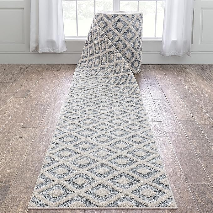 Well Woven Custom Size Runner - Choose Your Length - Ainsley Blue Diamond Trellis Geometric Tribal - 31 Inches Wide x 6 Feet Long Runner (31" x 6' Runner) Rug
