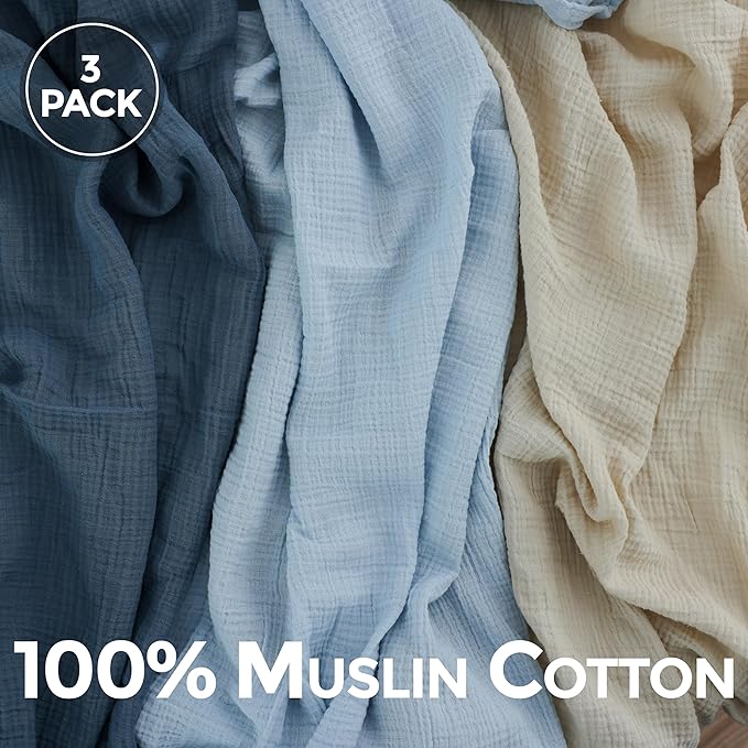 Dreamology Muslin Swaddle Blankets Boy,Girl,100% Cotton Swaddle Blankets,3 Pack,Receiving Blanket for Unisex, Soft, Breathable Swaddle Blanket,Large 44 x 44 inch Cotton Blanket | Blue,Light Blue,Ecru