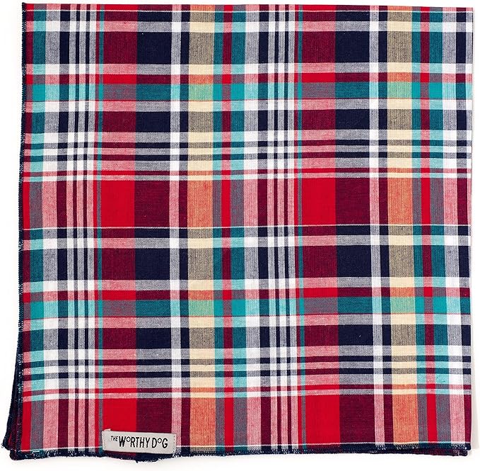 THE WORTHY DOG Classic Tie-On Dog Bandana – Soft Cotton Flannel Square Pet Bandana, Madras Plaid Classic Pattern, Red/Navy/Multicolored, Large