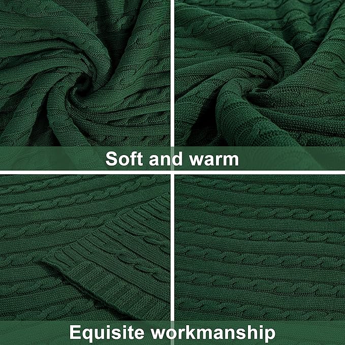 NTBAY 100% Pure Cotton Oversize (60x80) Cable Knit Throw Blanket, Super Soft Warm Knitted Throw Blanket for Bed, Sofa, Chair, Couch - Extra Cozy, Machine Washable, Comfortable Home Decor, Dark Green