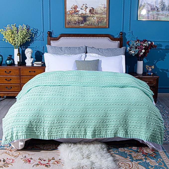 NTBAY 100% Pure Cotton Oversize (60x80) Cable Knit Throw Blanket, Super Soft Warm Knitted Throw Blanket for Bed, Sofa, Chair, Couch - Extra Cozy, Machine Washable, Comfortable Home Decor, Mint