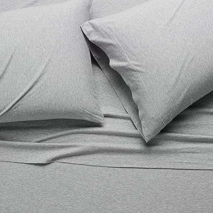 Amazon Basics 4 Piece Bed Sheet Set, 100% Cotton Jersey, Includes Super Soft, Flat and Fitted Sheets, Pillowcase, Queen, Light Gray, Solid
