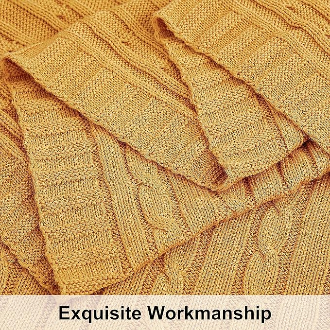 NTBAY 100% Pure Cotton Twin (60x80) Cable Knit Throw Blanket, Super Soft Warm Knitted Blanket for Bed, Sofa, Chair, Couch - Extra Cozy, Machine Washable, Comfortable Home Decor, Ginger Yellow