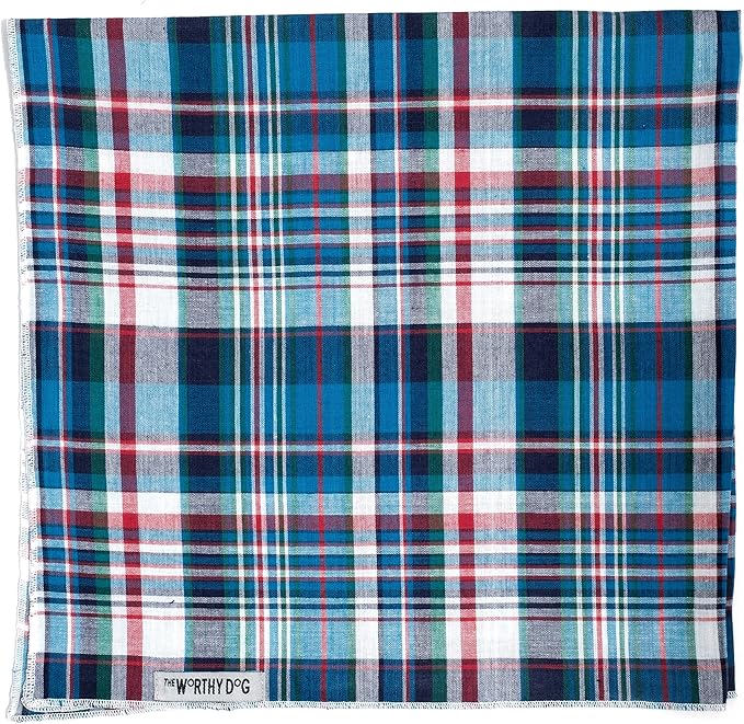 THE WORTHY DOG Classic Tie-On Dog Bandana – Soft Cotton Flannel Square Pet Bandana, Madras Plaid Classic Pattern, Blue/Navy/Multicolored, Small