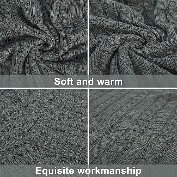 NTBAY 100% Pure Cotton Cable Knit Throw Blanket, Super Soft Warm 51x67 Knitted Throw Blanket for Couch, Sofa, Chair, Bed - Extra Cozy, Machine Washable, Comfortable Home Decor, Grey and White