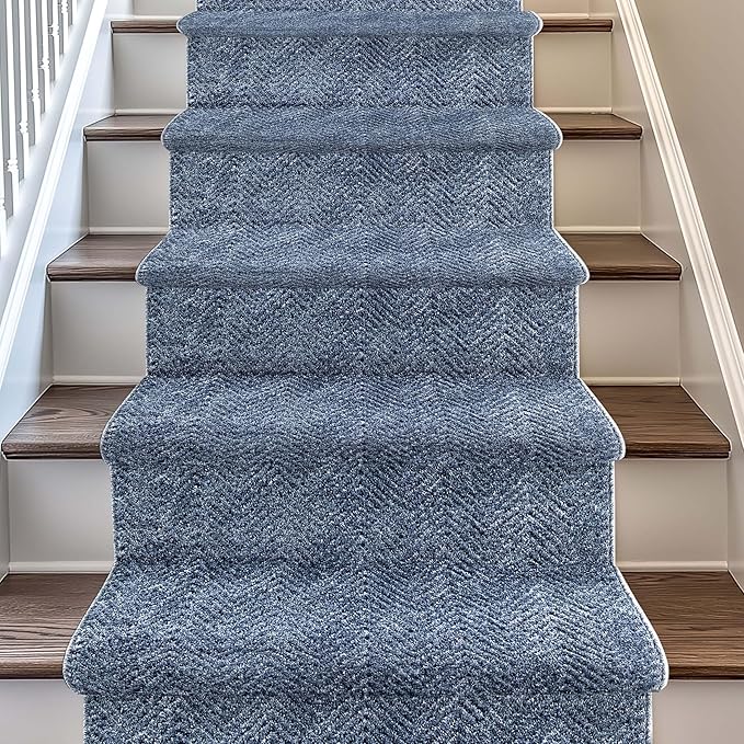Well Woven Custom Size Hallway & Stair Runner- Harlow Pompeii Blue 31 Inches Wide x 95 Feet Long Runner (31" x 95') Runner Rug - Modern Chevron Pattern, Ultra-Soft, Easy-Clean