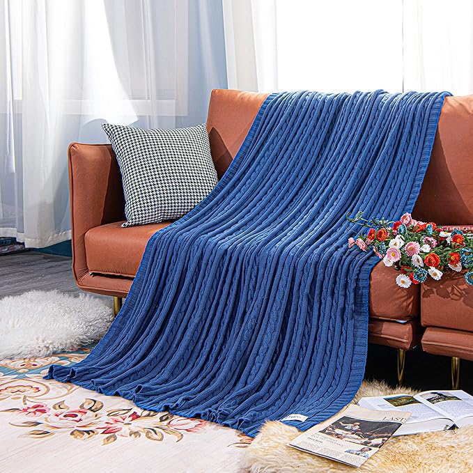 NTBAY 100% Pure Cotton Cable Knit Throw Blanket, Super Soft Warm 51x67 Knitted Throw Blanket for Couch, Sofa, Chair, Bed - Extra Cozy, Machine Washable, Comfortable Home Decor, Cobalt Blue