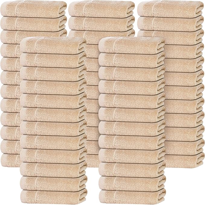 Tens Towels Pack of 60 Washcloths, 12 x 12 Inches, Lighter Weight, Quick to Dry, Super Soft & Absorbent, Gentle Face Towels, Hotel Quality, Perfect for Bathroom, Gym, Spa (Beige, 60 Pack)