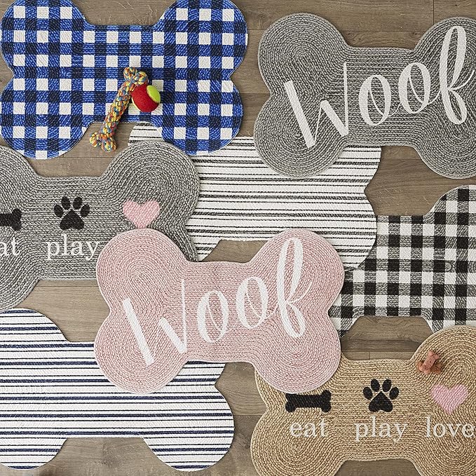 DII Braided Pet Mat Collection 100% Cotton, Bone Shape, Gray Eat Play Love