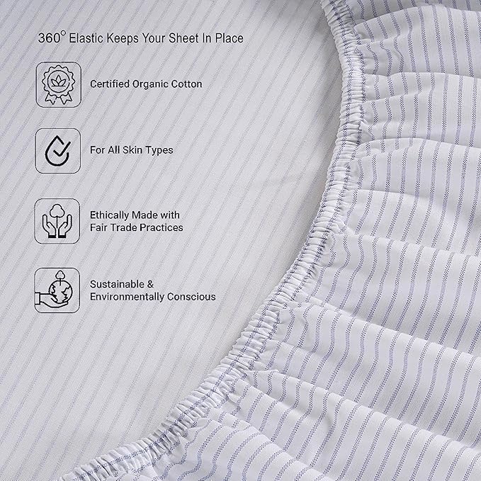 LANE LINEN 100% Organic Cotton Twin Fitted Sheet, 2-Piece Set (1 Fitted Sheet, 1 Pillowcase), Percale Weave, Soft, Breathable, Fits Mattress Upto 15' Deep - Blue Ticking Stripe (No Flat Sheet)