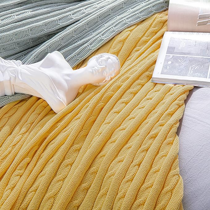 NTBAY 100% Pure Cotton Oversize (60x80) Cable Knit Throw Blanket, Super Soft Warm Knitted Throw Blanket for Bed, Sofa, Chair, Couch - Extra Cozy, Machine Washable, Comfortable Home Decor, Yellow