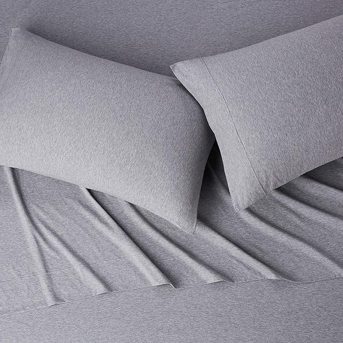 Amazon Basics 4 Piece Bed Sheets Set, 100% Cotton Jersey, Includes Super Soft, Flat and Fitted Sheets, Pillowcase, King, Light Gray, Solid