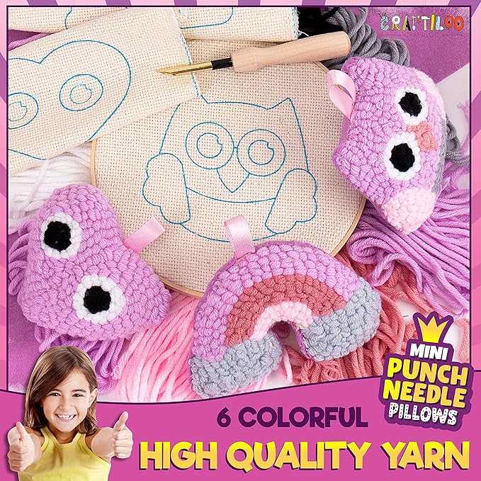 CRAFTILOO 3Pcs of Embroidery Punch Needle kit for Kids Mini Pillows Googly Heart Owl Rainbow Needlepoint Craft Embroidery Pen Needle Punch Kit Art Punch Needle Yarn