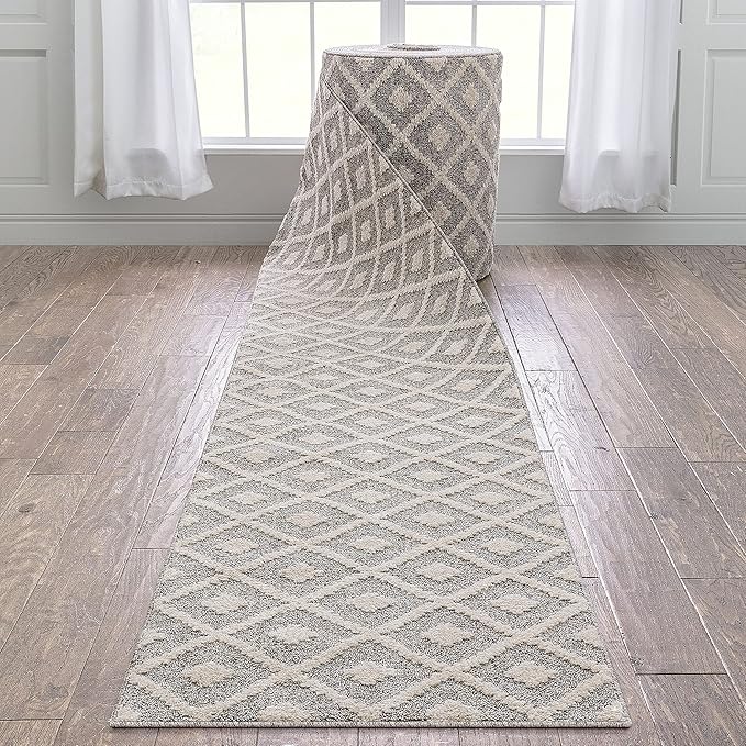 Well Woven Custom Size Hallway Stair Runner - Choose Your Length - Ainsley Ivory Diamond Trellis Geometric Tribal - 27 Inches Wide x 15 Feet Long Runner (27" x 15' Runner) Rug