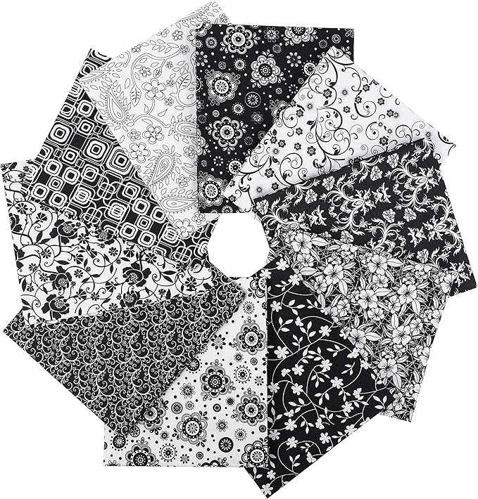 Craftido -25 Options- 100% Cotton Quilting Fabric Bundles 10pcs Fat Quarters 18”x21”-Medium Weight 5.2 oz- Soft Cotton for Quilting, Sewing Project, Patchwork, DIY Crafts - Black & White Flower