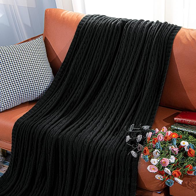 NTBAY 100% Pure Cotton Oversize (60x80) Cable Knit Throw Blanket, Super Soft Warm Knitted Throw Blanket for Bed, Sofa, Chair, Couch - Extra Cozy, Machine Washable, Comfortable Home Decor, Black
