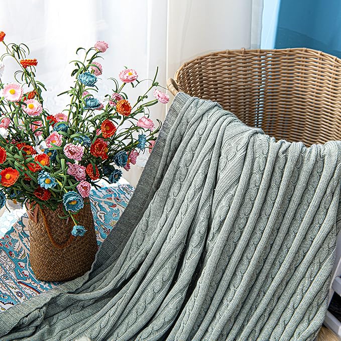 NTBAY 100% Pure Cotton Cable Knit Throw Blanket, Super Soft Warm 51x67 Knitted Throw Blanket for Couch, Sofa, Chair, Bed - Extra Cozy, Machine Washable, Comfortable Home Decor, Light Grey
