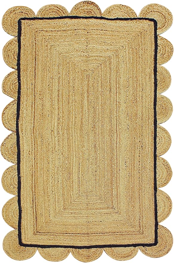 Scalloped Edge Rug, Hand Woven Natural Jute Area Rug, 12x18 Ft Beige & Black Braided Sisal Kilim Rugs for Living Room, Kitchen, Entryway, Farmhouse
