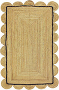 Scalloped Edge Rug, Hand Woven Natural Jute Area Rug, 3x3 Ft Square Beige & Black Braided Kilim Rugs for Living Room, Kitchen, Entryway, Farmhouse