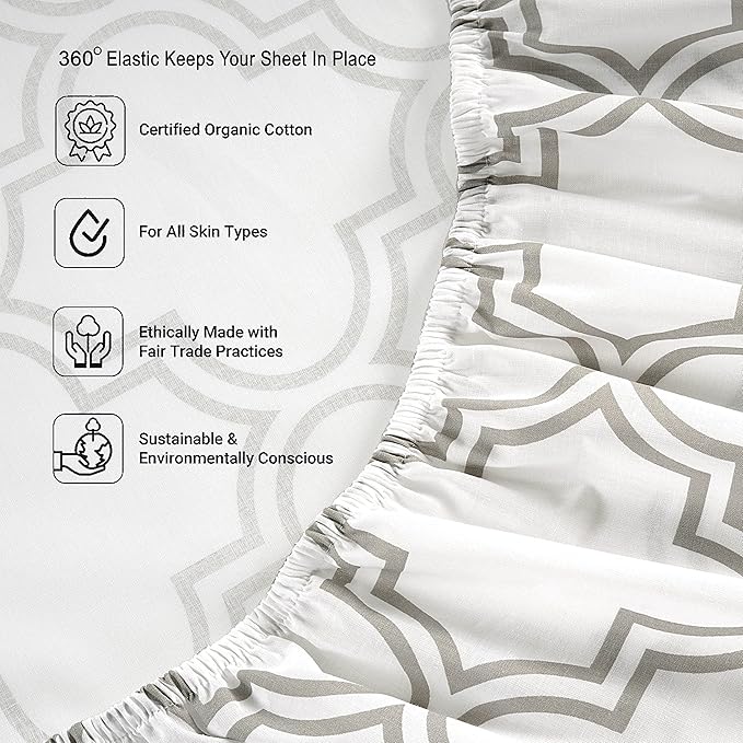 Lane Linen 100% Organic Cotton Twin Fitted Sheet, 2-Piece Set (1 Fitted Sheet, 1 Pillowcase), Percale Weave, Lightweight, Soft, Breathable, Fits Mattress Upto 15' Deep - Trellis Silver (No Flat Sheet)